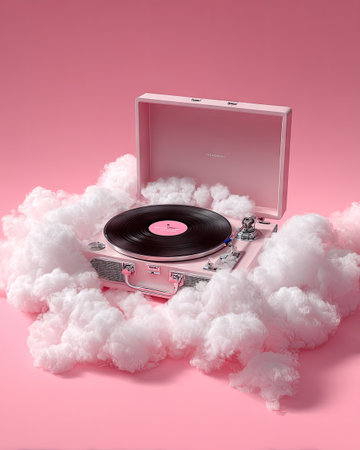 A pink record player sits amidst fluffy white clouds against a solid pink backdrop. The style is stylized and playful, suggesting a digital rendering. The lighting is even and bright.  Suitable for digital design, fashion, or music-themed projects.の素材