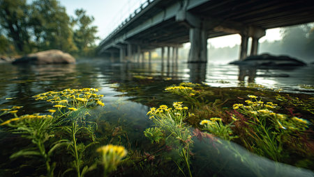 A tranquil view of yellow wildflowers and other aquatic plants beneath a bridge over a river. The plants are vibrant yellow and green, and the water is clear, reflecting the light. The bridge is gray concrete, and the surroundings are shaded by trees, creating a calm, natural scene.  The image has potential for use in nature, travel, or environmental publications.の素材