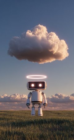 A white robot stands in a grassy field under a large, soft pink cloud with a glowing halo. The scene is serene and peaceful, suggesting a tranquil outdoor setting at dawn or dusk.  Suitable for commercial use in advertisements or editorial content related to technology, imagination, or fantasy.の素材