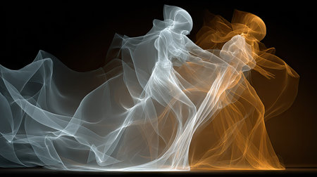 Abstract composition features flowing forms of white and gold light against a dark background. The image showcases a dynamic interplay of color and movement. This artwork evokes a sense of energy and fluidity. Suitable for various applications, including design projects, editorial illustrations, and conceptual imagery.の素材