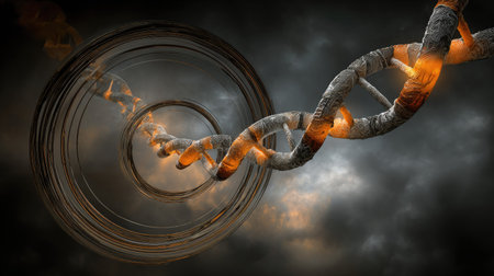 An artistic visualization presents a DNA double helix intertwining with a blurred circular shape. The image displays a complex composition with tones of grey, orange and brown hues. Suitable for commercial and editorial purposes, the artwork utilizes a depth-of-field effect and suggests scientific or technological applications.の素材