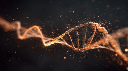 An artistic illustration showcases a DNA strand rendered with intricate detail, enhanced by dynamic particle effects. The warm, glowing tones of the DNA contrast with the dark backdrop, suggesting a high-tech or scientific setting. The image's composition and effects are suitable for use in educational, promotional, or editorial materials.の素材