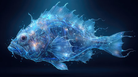 An ethereal digital artwork depicts a stylized fish, radiating a luminous glow against a deep blue backdrop. The artwork employs intricate patterns and textures, creating a sense of depth and dimensionality. This image is suitable for a wide variety of creative and commercial uses including digital art, fantasy illustrations, or educational projects.の素材