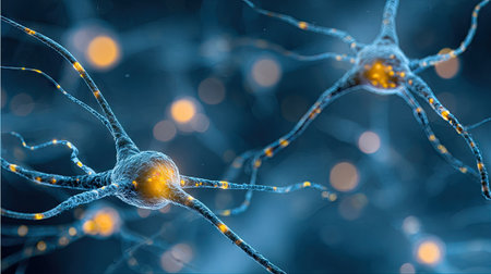 This image showcases a vibrant abstract representation of neurons, displaying their intricate connections. The composition highlights the cells' core structures with radiating branches. The artwork utilizes a mix of blue and yellow hues. The illustrative style suggests a scientific context, and it may be appropriate for educational or commercial applications.の素材