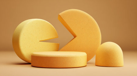 This image features several abstract, geometric forms in varying sizes, primarily in shades of yellow and beige. A circular shape with a section cut out is prominent, along with a cylinder and a semi-spherical object. The composition is clean and modern against a neutral backdrop, making it suitable for a variety of creative and commercial applications.の素材