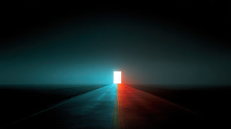 An open doorway emits a brilliant light, starkly contrasting the surrounding darkness. The image features strong directional lighting creating a vibrant play of red and teal colors across a minimalist composition. This visual could be used for conceptual projects, representing various themes in design or commercial applications.の素材