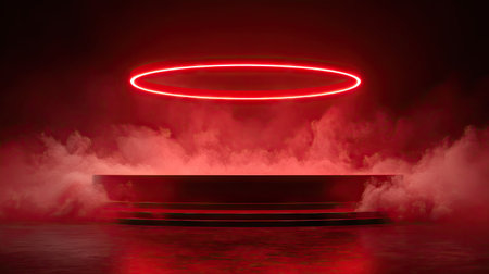 A red neon ring floats above a platform engulfed in fog. The scene is illuminated by red light, creating an atmospheric, stylized composition. This conceptual image may be suitable for advertising, website design, or other creative projects seeking a modern, dramatic visual.の素材