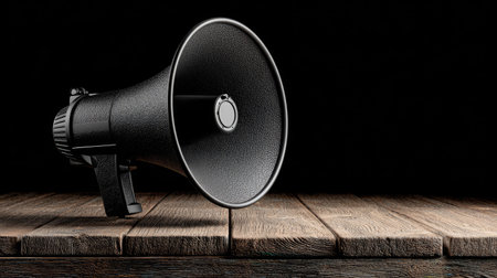 A black megaphone sits on a wooden surface, set against a dark background. The image features a studio-style shot with focused lighting, highlighting the object's form. This composition could be used for various promotional materials or conceptual designs, offering copy space for messaging.の素材