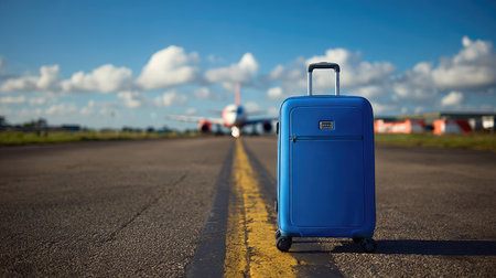 A vibrant blue suitcase stands on an asphalt runway, a large airplane blurred in the distance. The composition features a clear blue sky with fluffy clouds. The image suggests concepts of journey, travel, and transportation, and is suitable for commercial uses.の素材