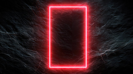 An illuminated red rectangular frame floats against a dark, textured background. The image showcases a digital art style with soft, cloudy patterns. The composition presents a sense of depth and mystery. Suitable for visual concepts and backgrounds, this image could be used in design or advertising.の素材