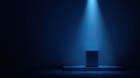 A single, illuminated pedestal sits centered, with a light beam shining directly from above. The color palette is primarily deep blue, with the subject isolated against a dark background, and provides copy space. This minimalistic composition features sharp edges and strong contrasts, lending itself to various promotional and advertising applications.の素材