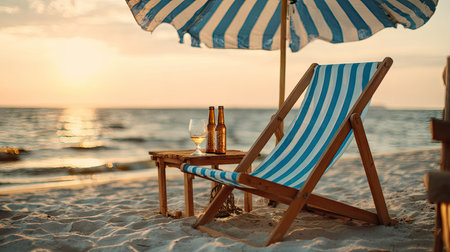 An inviting beach scene features a striped beach chair under an umbrella. Small table holds bottles and a glass. Warm sunlight bathes the setting, highlighting the textures of the sand. Ideal for illustrating leisure, travel, or relaxation concepts. Suitable for a variety of commercial and editorial uses.の素材