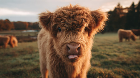 A close-up view presents a shaggy Highland cow with a textured, reddish-brown coat. The animal stands in a grassy field, with soft sunlight and a blurred background suggesting a natural, open setting. This image could be suitable for various commercial or editorial uses, capturing the charm of rural livestock.の素材