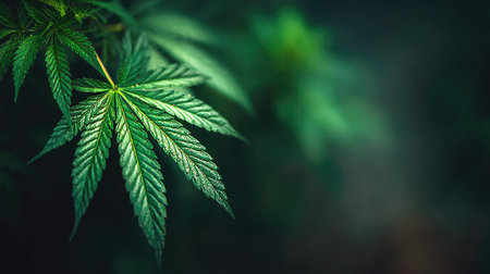 A close-up captures the textured leaves of a green plant, showcasing its intricate vein structure. The image employs shallow depth of field, with a blurred background of varying shades of green. This nature-focused image, with soft lighting and a sense of depth, is suitable for commercial and editorial purposes.の素材