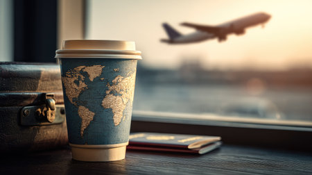A coffee cup featuring a world map design sits near a window. Sunlight illuminates the scene, casting shadows on the objects. An airplane is visible in the background, suggesting travel. This image could be used for travel-related advertising, editorial content, or promotional materials.の素材