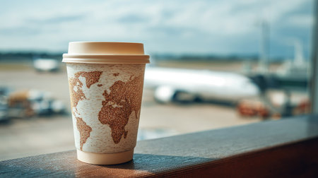 A coffee cup featuring a world map design sits on a wooden surface, with a blurry background showing an airport setting. The image uses a natural color palette, with soft lighting and a shallow depth of field. This composition could be used for travel, beverage, or lifestyle themes in various commercial projects.の素材