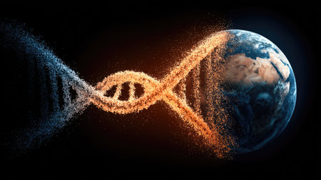 An artistic depiction presents a DNA double helix spiraling around a globe. The composition utilizes contrasting colors, with one side of the helix rendered in cool tones, the other in warm hues. The image, set against a dark backdrop, is well-suited for scientific illustrations or conceptual designs related to biology.の素材