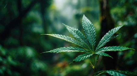 A close-up view presents a vibrant green cannabis leaf, with visible texture and details. The image features a shallow depth of field, highlighting the leaf against a blurred background of green foliage. The scene evokes a natural, outdoor environment with soft lighting, suitable for various editorial and commercial applications.の素材