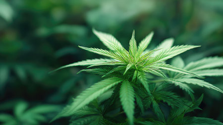 The image features a close-up of lush green plant leaves, showcasing their texture and form. The leaves are the central focus against a blurred backdrop, enhancing depth. The lighting appears natural, suggesting an outdoor environment. This visual would be suitable for various commercial or editorial applications.の素材