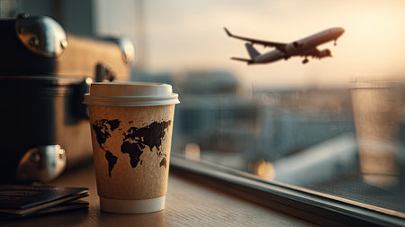 A paper coffee cup featuring a world map sits on a windowsill, with an airplane taking off in the background. The image is bathed in warm sunlight, creating a soft, blurred effect. The composition suggests travel, freedom, and the start of a journey, suitable for commercial or editorial applications.の素材