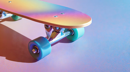 A close-up view presents a skateboard with a rainbow-colored deck and blue wheels, set against a gradient background of pink and blue hues. The composition features a low-angle shot, highlighting the board's design. This image is suitable for various commercial uses, including advertising and editorial content.の素材