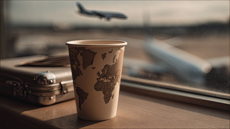 A paper cup featuring a world map design sits on a wooden surface near a window. The cup is the focal point, with a suitcase and blurred airplanes in the background. The lighting is soft and natural. This image is suitable for travel, beverage, and global-themed projects.の素材