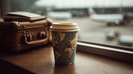 A coffee cup featuring a world map design sits on a wooden surface beside an old suitcase. The cup is in front of a window overlooking the outdoor environment. The warm tones and soft focus suggest a relaxed atmosphere. This image is suitable for travel, lifestyle and conceptual design projects.の素材