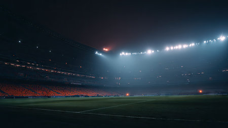 An impressive image captures a stadium at night. The composition features vibrant green grass and rows of seats under brilliant floodlights. The scene is illuminated by strong overhead lighting, creating a high-contrast and atmospheric environment, suggesting the anticipation of an event. Suitable for editorial and commercial use.の素材
