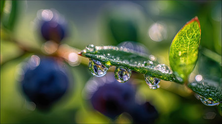 This macro photograph showcases water droplets clinging to a vibrant green leaf. The image features a shallow depth of field, with a blurred background displaying hints of blue and green. The composition and lighting create a fresh, natural feel suitable for various commercial applications.の素材