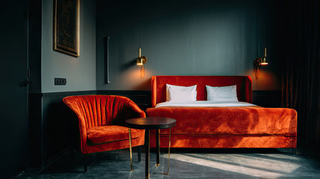 An inviting bedroom scene features a plush, red velvet bed and matching armchair. The setting is enhanced by warm wall lighting and a small table. The room's color palette combines dark gray and red tones, suggesting a luxurious and comfortable environment suitable for interior design projects or hospitality concepts.の素材
