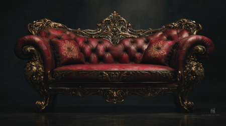 An opulent red leather sofa with gold ornamental features is displayed against a dark background. The luxurious design includes button tufting and detailed carvings, suggesting an interior setting with focused lighting. This image may be suitable for advertising, design projects, or thematic illustrations.の素材