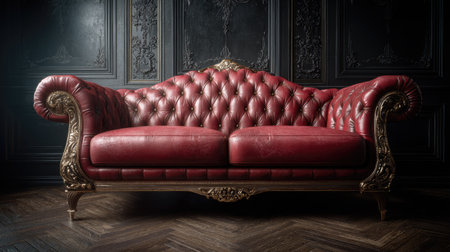 A luxurious red leather sofa is prominently displayed, featuring intricate button tufting and ornate gold detailing. The rich textures and color palette create a sense of opulence, contrasting with a dark, textured background. Ideal for editorial content or commercial projects, the image conveys sophistication and elegance.の素材