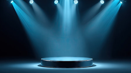 A circular platform is illuminated by bright blue spotlights against a dark backdrop. The composition features a symmetrical arrangement, with light beams converging on the stage. The overall style is clean and modern, highlighting the empty space, suitable for presentations or product displays, or similar commercial applications.の素材