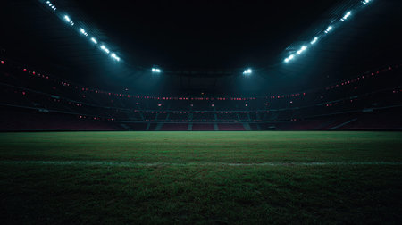 An expansive view showcases an empty stadium field under bright overhead lighting. The composition features vibrant green grass contrasted by dark surroundings, suggesting a night setting. This image could be suitable for promotional materials, advertising, or editorial content related to sports and entertainment.の素材