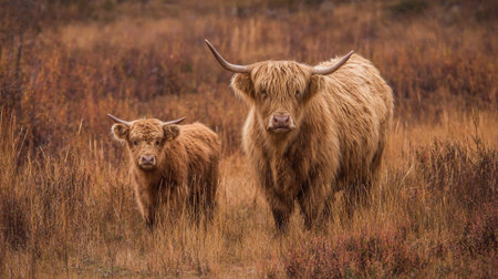 A Highland cow and her calf are seen in a natural outdoor setting, likely a pasture. The animals, with their shaggy brown fur and long horns, stand among dry, brown grass. Warm lighting and a shallow depth of field characterize the image, offering potential use in nature or agricultural themes.の素材
