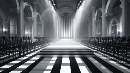 A grayscale image showcases a fashion runway stage within a grand hall. Rows of chairs line the sides, leading toward a bright, illuminated area. Strong overhead lights create striking patterns of light and shadow, emphasizing the architectural details. This image is suitable for use in promotional materials or editorial content.の素材