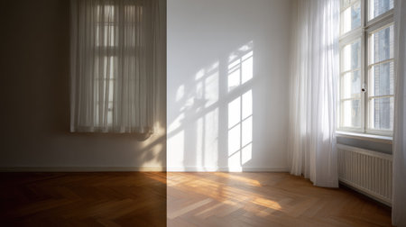 An empty interior space is bathed in sunlight streaming through a window covered by sheer curtains. The composition highlights a minimalist design with clean white walls and wooden flooring, creating contrasting shadows and light. The image could be suitable for architectural, design, or lifestyle-related projects.の素材