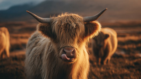 A close-up photograph features a Highland cow with long, curved horns. The animal displays a reddish-brown coat and a focused gaze. Warm lighting suggests a daytime setting within a natural environment. The image may be suitable for illustrating wildlife, agriculture, or environmental topics for various commercial uses.の素材
