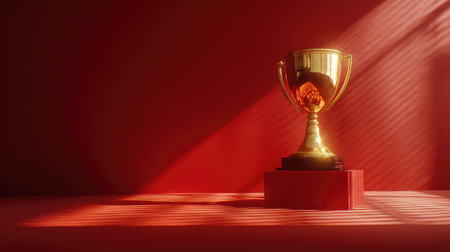 A gold trophy cup stands on a red pedestal against a red backdrop, illuminated by striking light and shadow. The image features a strong composition with dramatic lighting effects. Ideal for representing achievement, success, and awards ceremonies, this visual could be used commercially or in editorial contexts.の素材