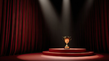 A golden trophy stands on a tiered stage, illuminated by spotlights against a backdrop of deep red curtains. The composition utilizes low-key lighting and strong contrast. The image creates a sense of achievement and celebration, suitable for various promotional or editorial applications.の素材