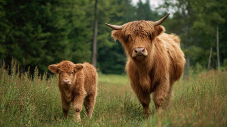 Two Highland cattle stand in a field with green grass and trees in the background. The animals have long, shaggy brown fur. The image uses natural lighting, creating a soft, warm atmosphere. Suitable for use in agricultural publications, educational materials, or stock photography.の素材