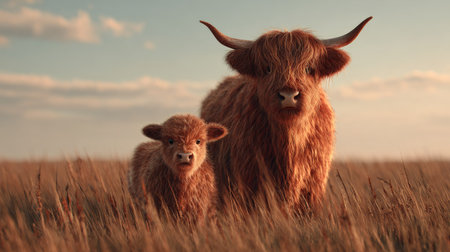 An adult Highland cow and a calf stand in a field of tall grass. The animals have thick, shaggy brown fur. The image features warm tones from the sunset, creating a soft lighting effect. This image could be used for various commercial or editorial purposes.の素材