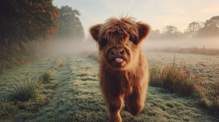 A fluffy Highland cow calf stands in a foggy field, its reddish-brown fur contrasting with the cool green grass and muted background. The image, bathed in soft morning light, suggests a peaceful rural setting. Suitable for various uses, this image can be incorporated into projects seeking natural beauty or animal themes.の素材