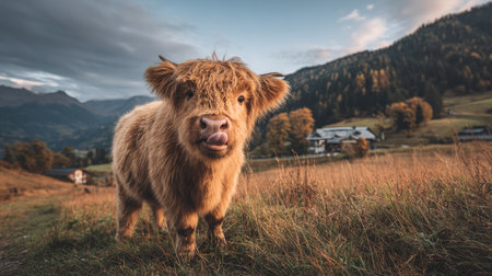 A fluffy Highland cattle calf stands in a field of dry grass, facing the viewer. The animal has brown fur and a slightly open mouth. The scene includes rolling hills, forests, and mountains under a cloudy sky. The photograph may be suitable for livestock, nature, or agricultural content.の素材