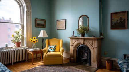 An inviting interior showcases a yellow armchair positioned before an ornate fireplace. The room features a large window, framed artwork, and a table with a lamp. The walls are painted a soft teal, complemented by wooden flooring and decorative elements, creating a warm, inviting ambiance suitable for various applications.の素材