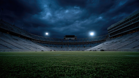 An empty stadium is shown under a dark, cloudy sky illuminated by bright lights. The green field contrasts with the gray concrete of the seating area. The image suggests a sports venue awaiting an event, suitable for various editorial and commercial applications. The composition features a low-angle perspective, enhancing the scale.の素材