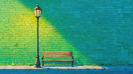 A decorative lantern stands near a wooden bench, set against a vibrant green brick wall. The scene is bathed in sunlight, casting long shadows. This image, with its contrasting colors and textures, would be suitable for various commercial applications, including editorial and design projects.の素材