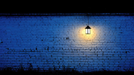 A single lantern emits warm light against a blue-toned brick wall in this image. The scene is illuminated by a focused light source. The composition suggests an outdoor environment, possibly during the night. Suitable for various design projects and editorial content needs, this image captures a mood.の素材