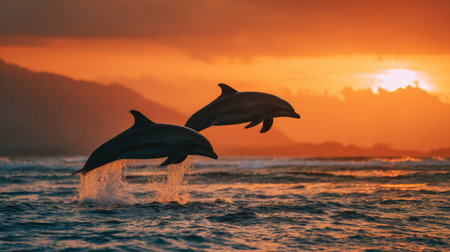 Two dolphins leap from the ocean during a vibrant sunset. The composition features a silhouette effect against a warm, orange sky and ocean waves. The image shows the dolphins mid-air. It could be suitable for nature-themed projects, marine life documentaries, or travel promotions.の素材