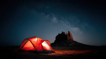 An illuminated red tent glows in the night, set against a dark blue sky. The composition features a prominent mountain silhouette. Warm light contrasts with cool tones, suggesting an outdoor environment. This image is suitable for various commercial uses, including travel and adventure themes.の素材